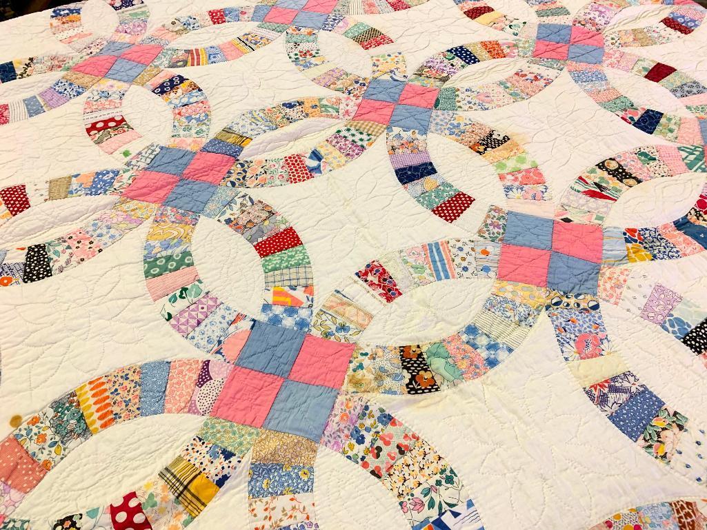 Vintage Hand Stitched Quilt In "Double Wedding Ring" Pattern