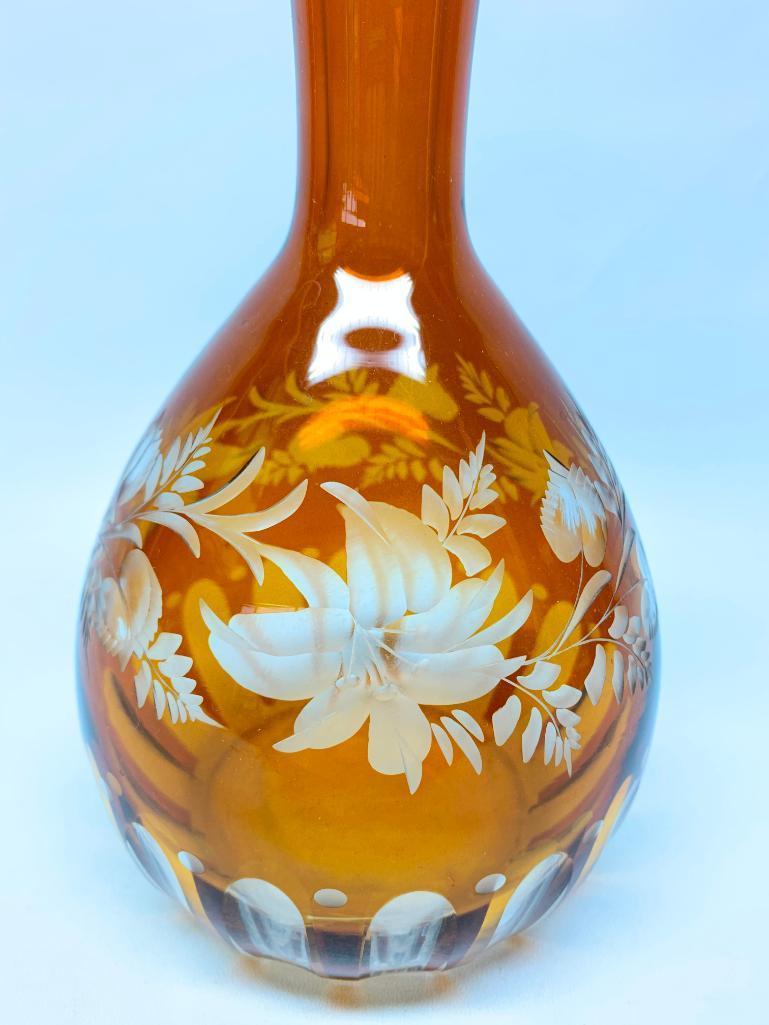 Vintage Amber Bohemian Cut Glass Decanter W/Stopper & Floral Design