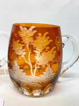 (2) Vintage Amber Bohemian Cut Glass Mugs W/Game Birds & Applied Handles