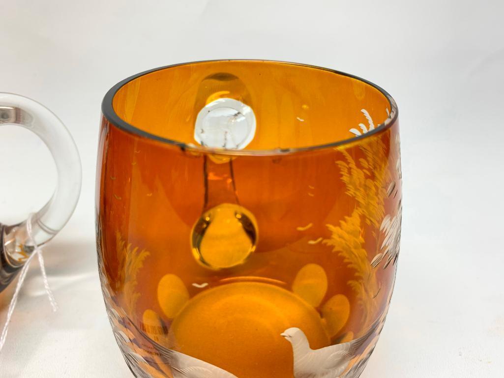 (2) Vintage Amber Bohemian Cut Glass Mugs W/Game Birds & Applied Handles