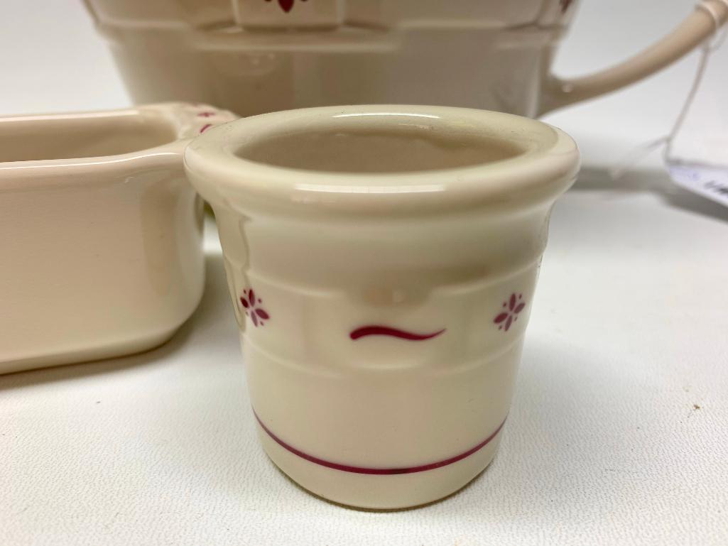 Longaberger Pottery "Woven Traditions" (10) Cup Mixing Bowl W/Spout + Toothpick & Sweeter Holder