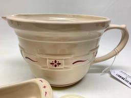 Longaberger Pottery "Woven Traditions" (10) Cup Mixing Bowl W/Spout + Toothpick & Sweeter Holder