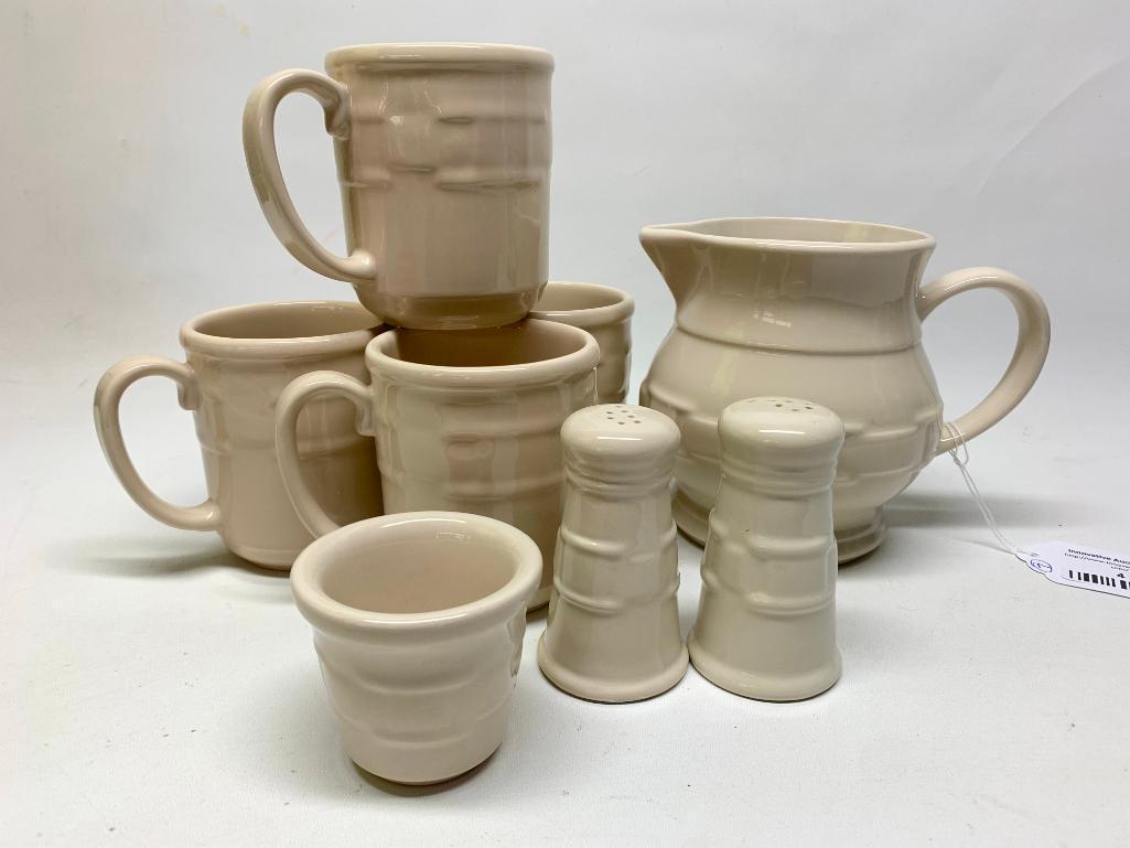 Longaberger Pottery "Woven Traditions" 1 Qt. Ivory Pitcher, (4) Mugs, & Salt/Pepper