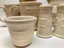 Longaberger Pottery "Woven Traditions" 1 Qt. Ivory Pitcher, (4) Mugs, & Salt/Pepper