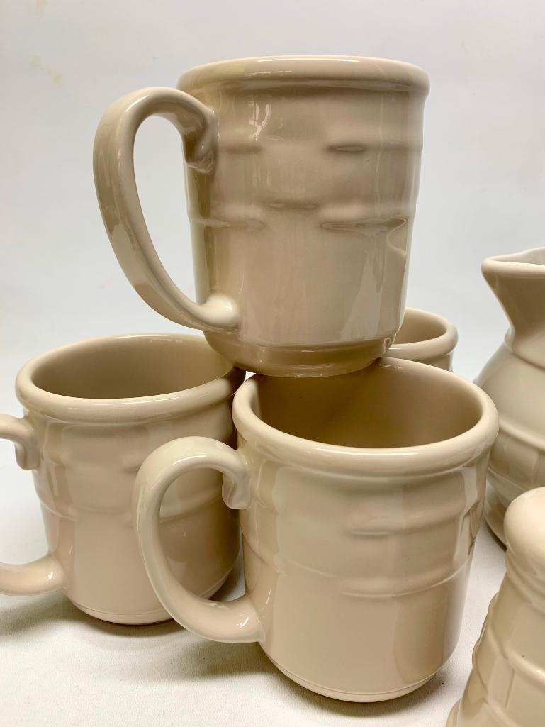 Longaberger Pottery "Woven Traditions" 1 Qt. Ivory Pitcher, (4) Mugs, & Salt/Pepper