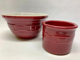 Longaberger Pottery "Woven Traditions" Mixing Bowl & Small Crock In Red