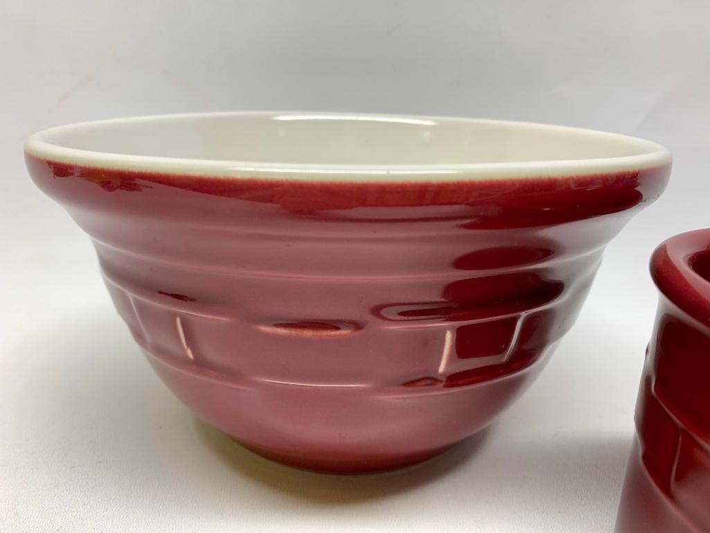 Longaberger Pottery "Woven Traditions" Mixing Bowl & Small Crock In Red