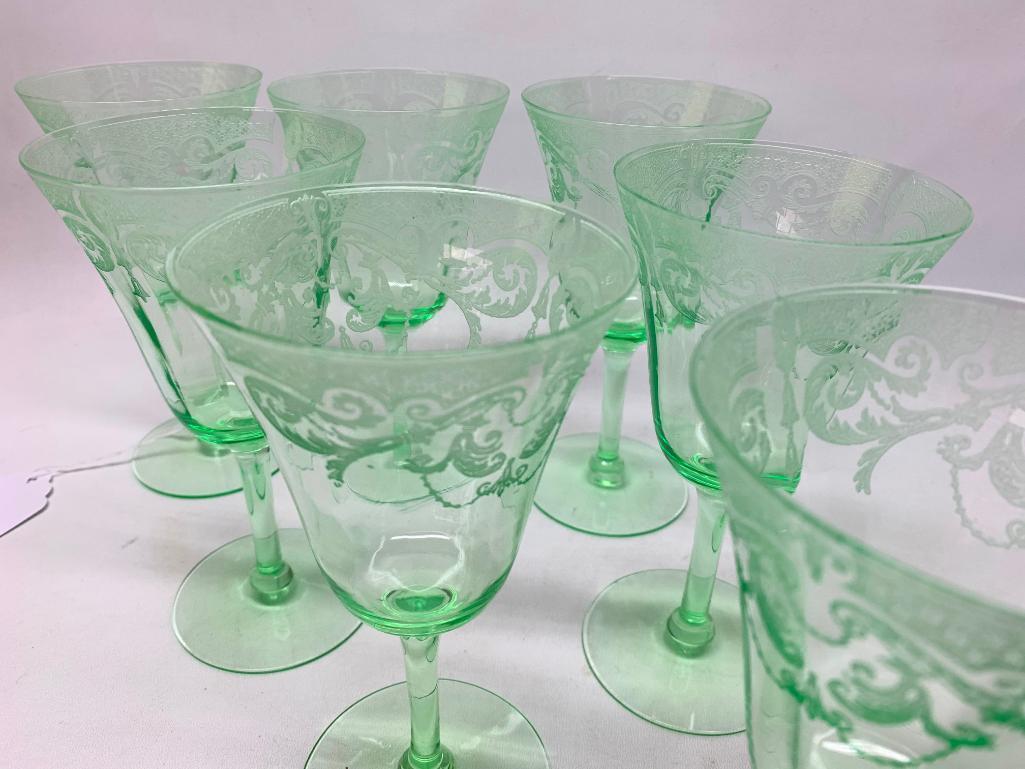 (7) Vintage Green Stemmed Wine/Champagne Glasses W/Etched Pattern