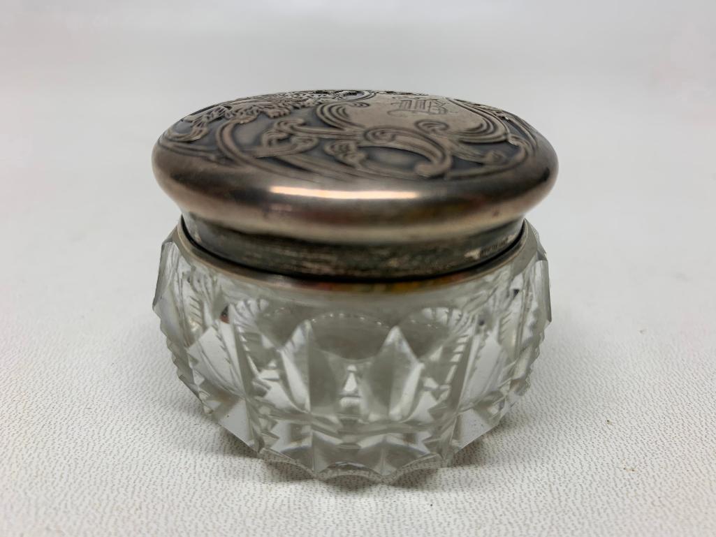 Vintage Cut Glass Dresser Jar W/Sterling Embossed Top