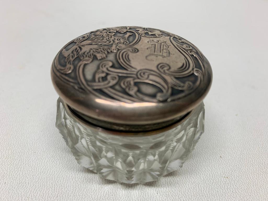 Vintage Cut Glass Dresser Jar W/Sterling Embossed Top