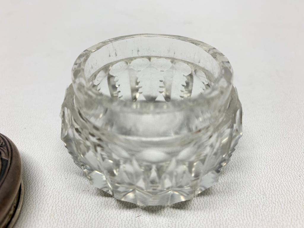 Vintage Cut Glass Dresser Jar W/Sterling Embossed Top