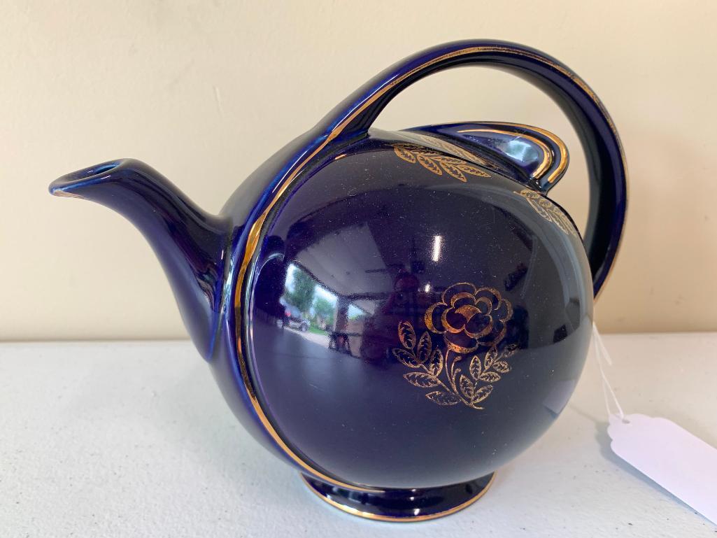 Vintage Hall China "Airflow" Cobalt Blue Teapot W/Gold Trim & Flowers