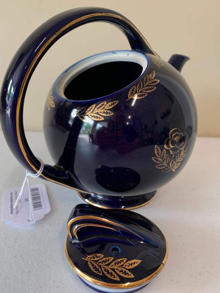 Vintage Hall China "Airflow" Cobalt Blue Teapot W/Gold Trim & Flowers