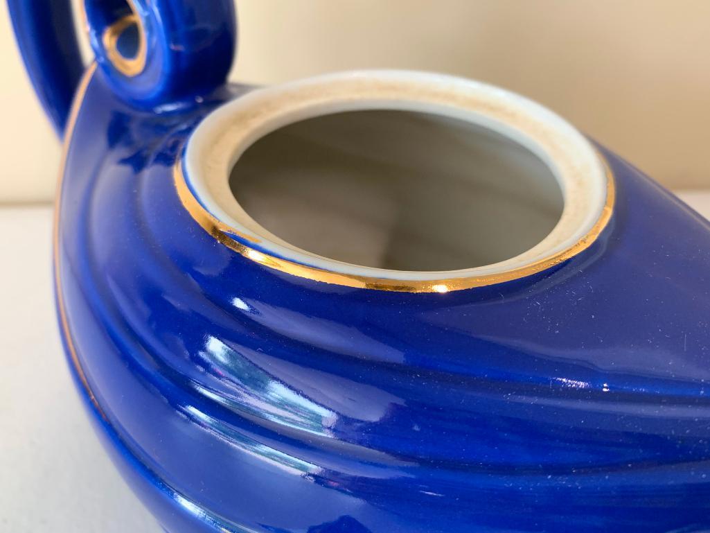 Vintage Hall China Aladdin Shaped Cobalt Blue Teapot W/Gold Trim