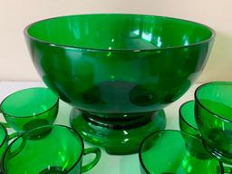 Vintage Green Glass Punch Bowl W/(12) Matching Cups