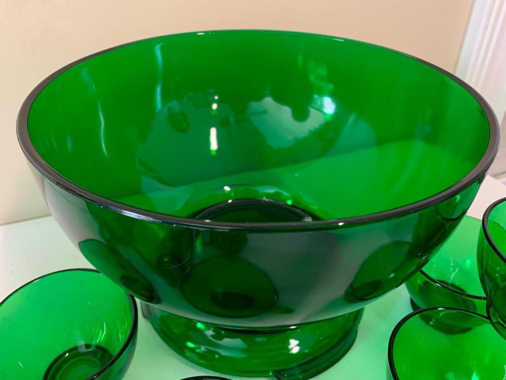 Vintage Green Glass Punch Bowl W/(12) Matching Cups
