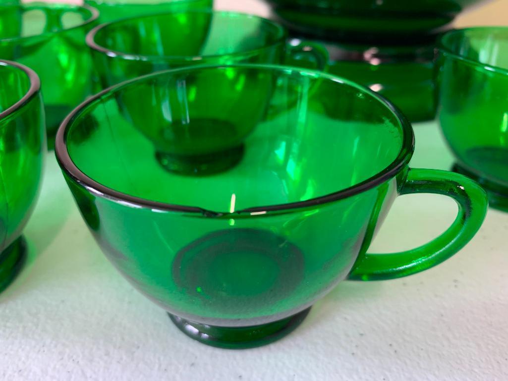 Vintage Green Glass Punch Bowl W/(12) Matching Cups