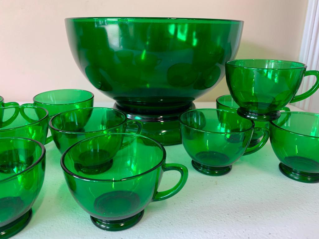 Vintage Green Glass Punch Bowl W/(12) Matching Cups