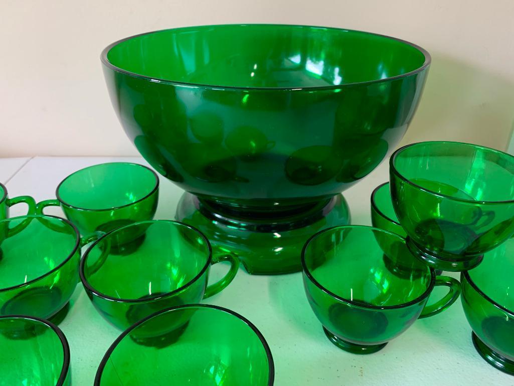 Vintage Green Glass Punch Bowl W/(12) Matching Cups