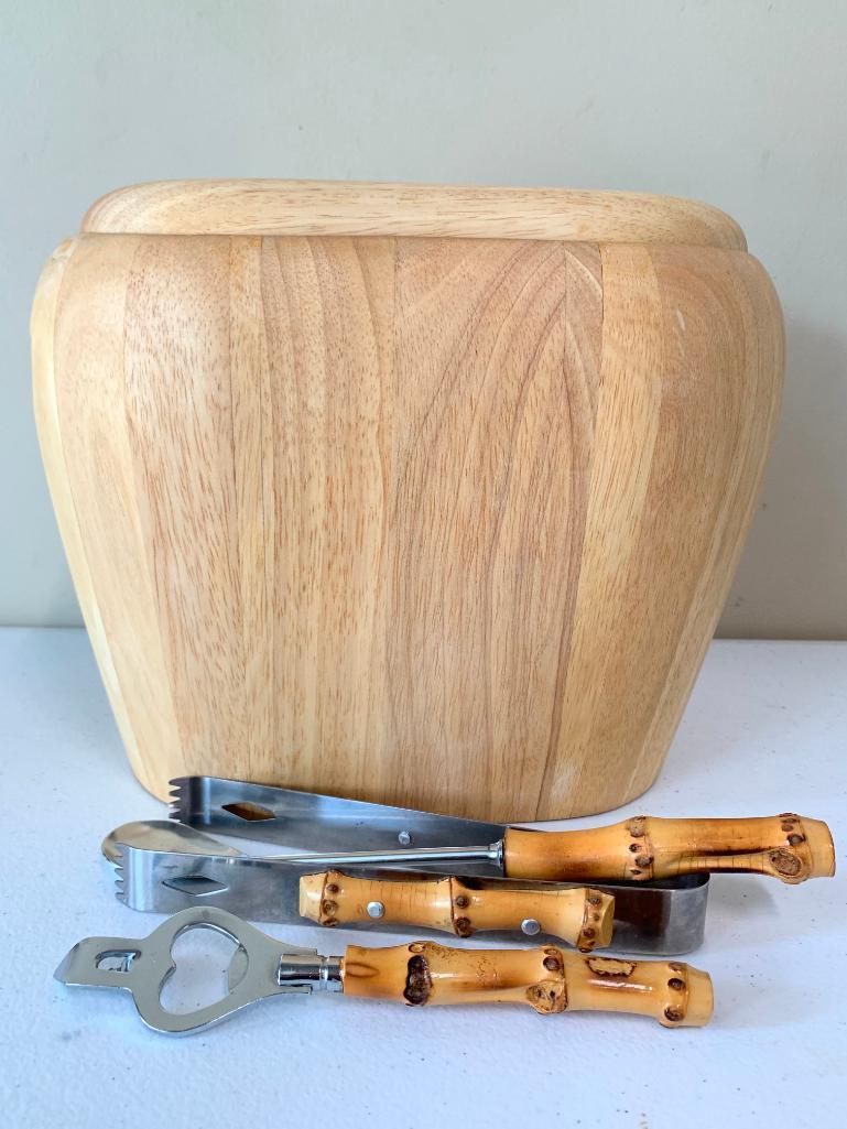 Crate & Barrel Lined Teak Wood Ice Bucket W/Lid