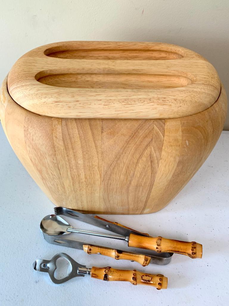 Crate & Barrel Lined Teak Wood Ice Bucket W/Lid