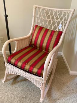 Antique Wicker Rocking Chair W/Upholstered Seat & Pillow