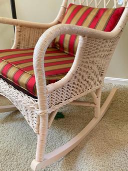 Antique Wicker Rocking Chair W/Upholstered Seat & Pillow