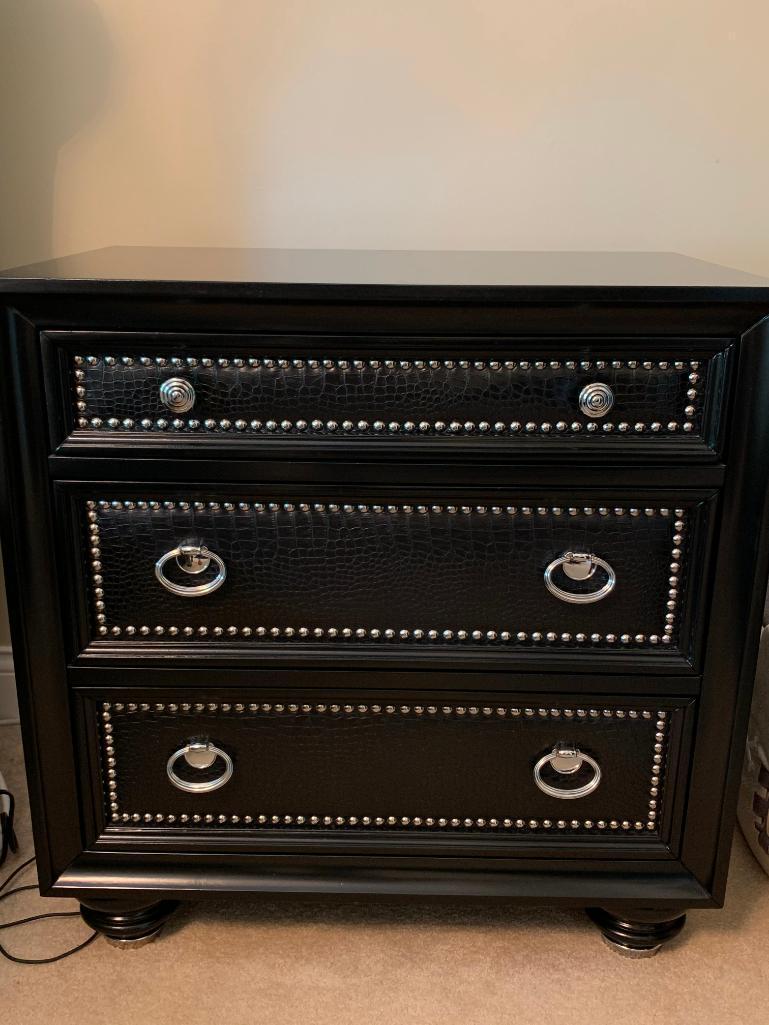 Magnussen Furniture 3-Drawer Nightstand W/Leather Drawer Fronts & Silver Tacks