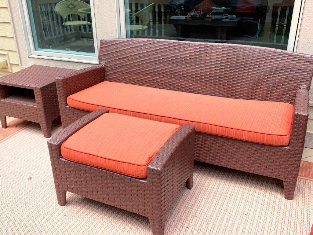 Nice 3-Pc. Rattan Set W/Cushioned Sofa & Ottoman + End Table