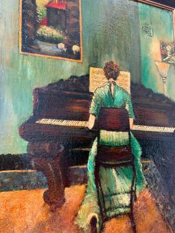 Framed Oil On Canvas Of Lady Playing Piano