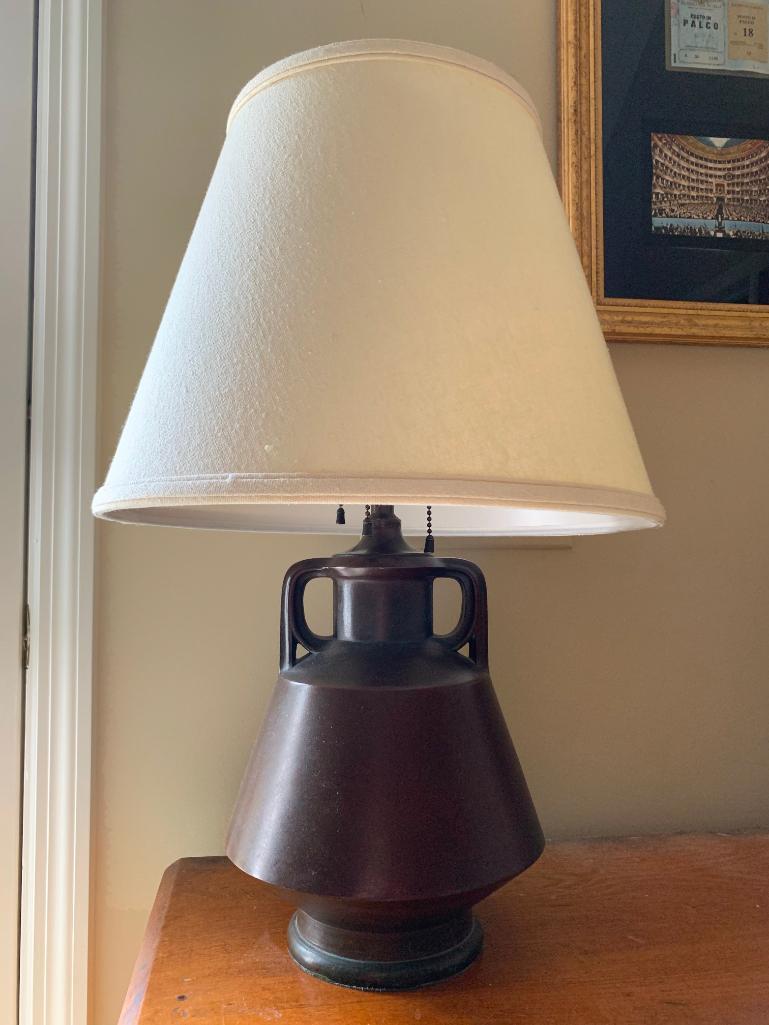 Contemporary Arts & Crafts Style Metal Lamp W/Cloth Shade