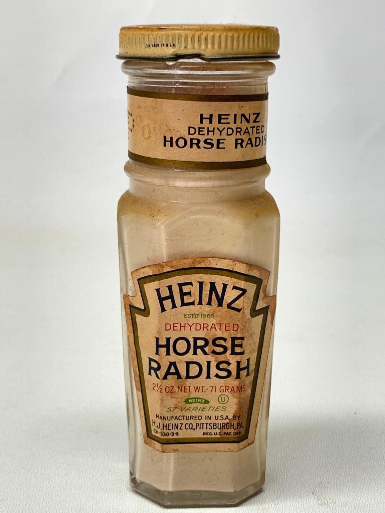 Vintage "Heinz Dehydrated Horse Radish" Bottle W/Labels Is Full