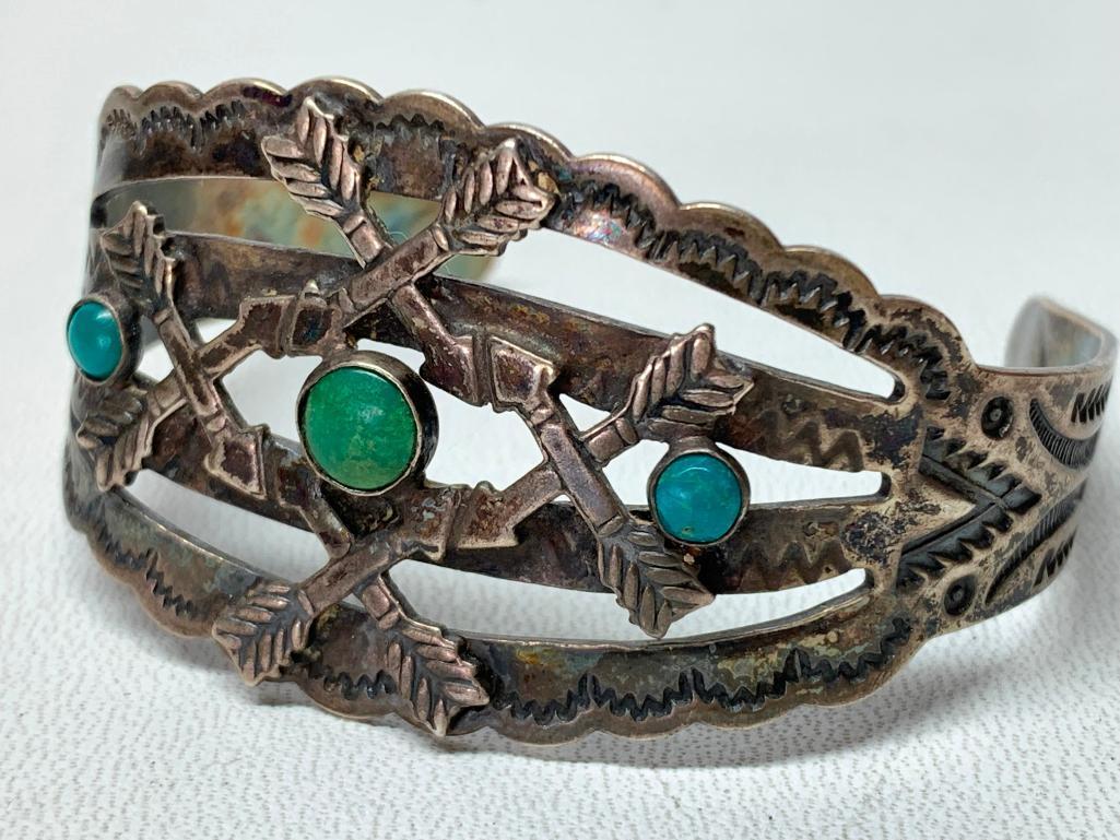 Sterling Engraved Cuff Bracelet W/Turquoise Settings & Applied Arrows