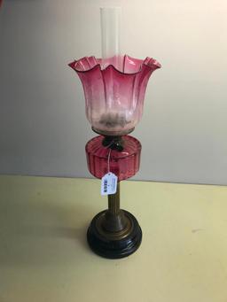 Victorian Oil Lamp W/Cranberry Fount & Clear-Cranberry Etched Shade, Porcelain Base, & Brass Stem