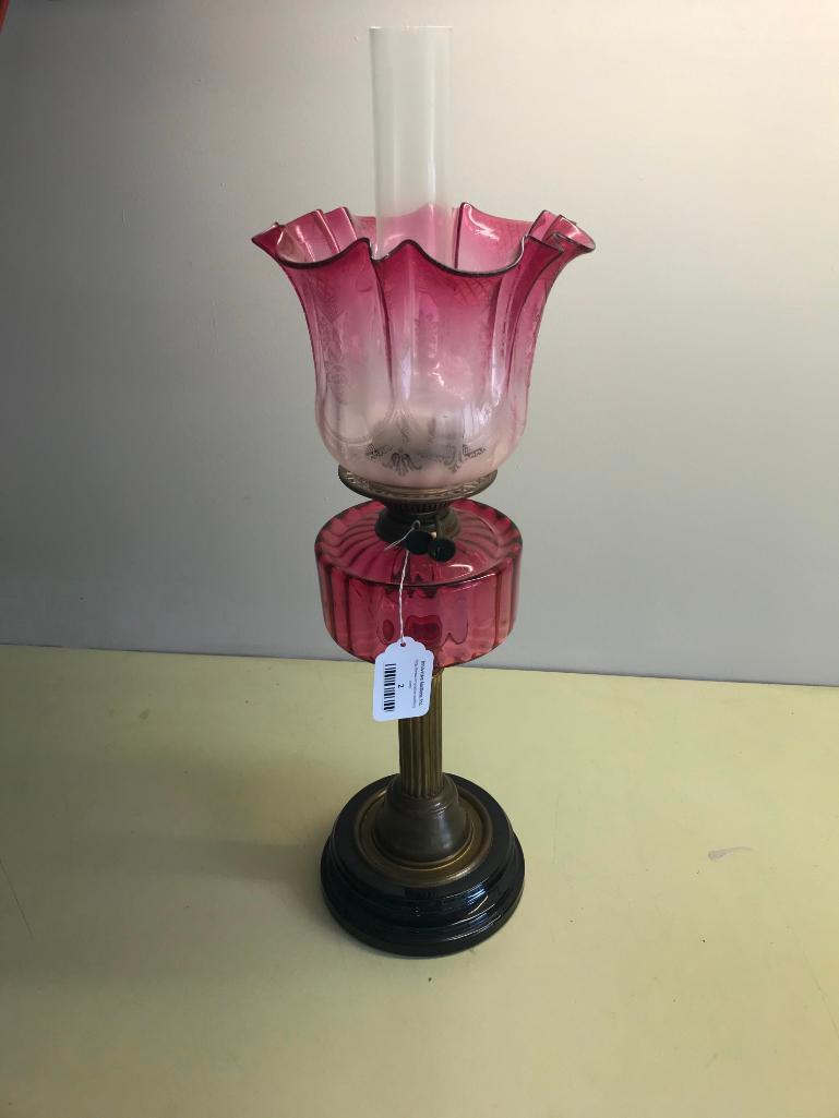 Victorian Oil Lamp W/Cranberry Fount & Clear-Cranberry Etched Shade, Porcelain Base, & Brass Stem