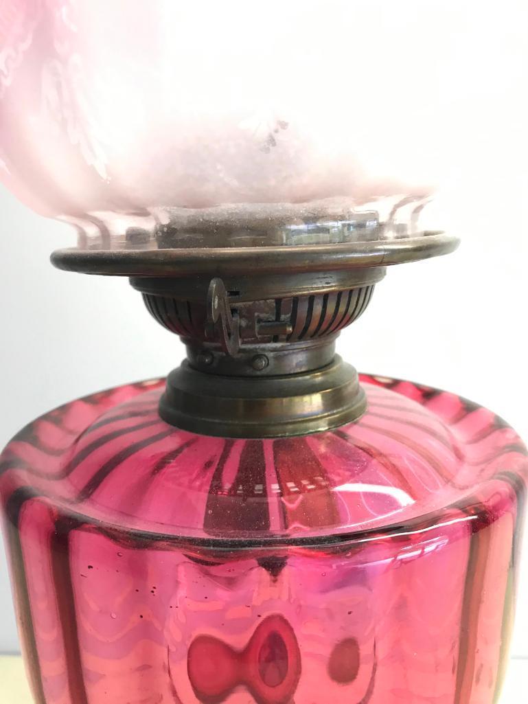 Victorian Oil Lamp W/Cranberry Fount & Clear-Cranberry Etched Shade, Porcelain Base, & Brass Stem