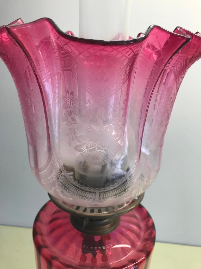 Victorian Oil Lamp W/Cranberry Fount & Clear-Cranberry Etched Shade, Porcelain Base, & Brass Stem