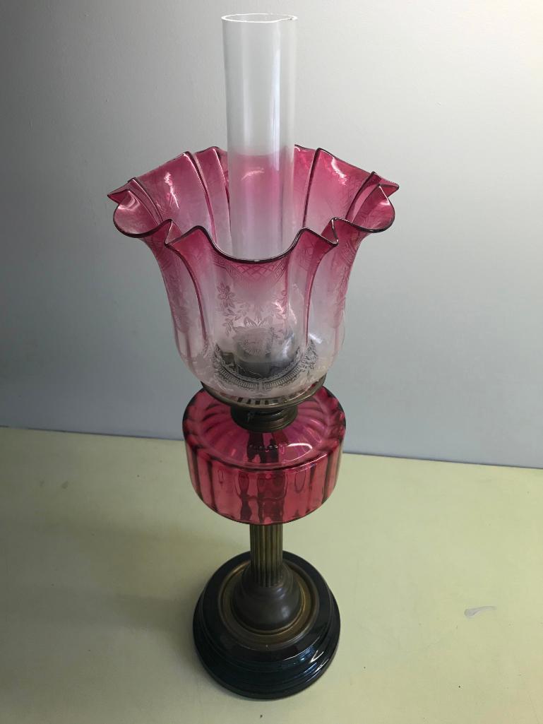 Victorian Oil Lamp W/Cranberry Fount & Clear-Cranberry Etched Shade, Porcelain Base, & Brass Stem