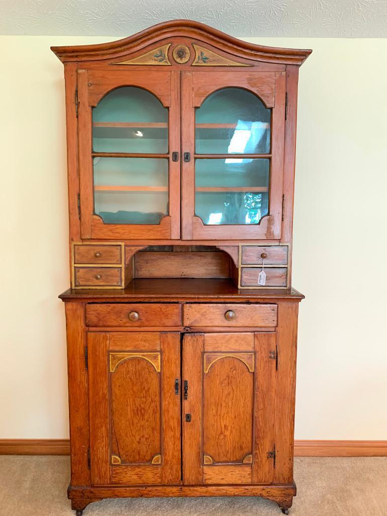 Very Special Antique 2-Piece Step Back Cupboard W/Hand Painted Accents & Pulls