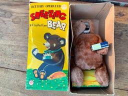 Vintage 1960's Line-Mar Tin Lithograph "Sneezing Bear" W/Lighted Eyes In Original Box