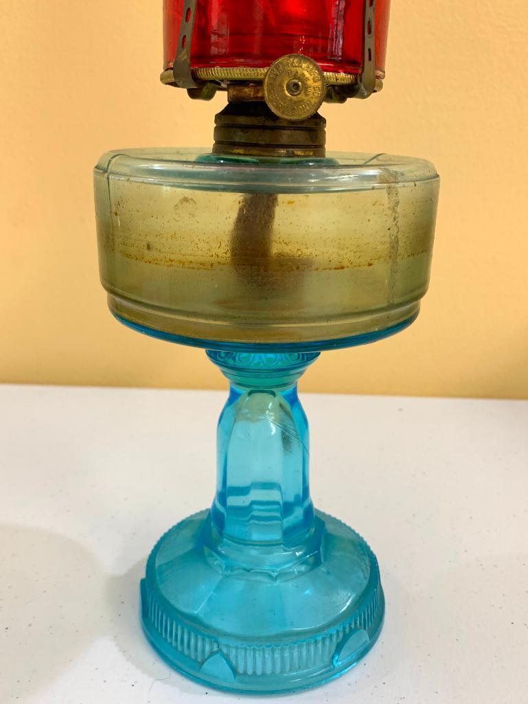 Antique Oil Lamp W/Blue Base/Fount & Red Chimney