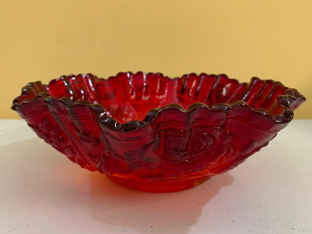 Vintage Imperial Glass Bowl W/Embossed Roses In Red Slag Glass