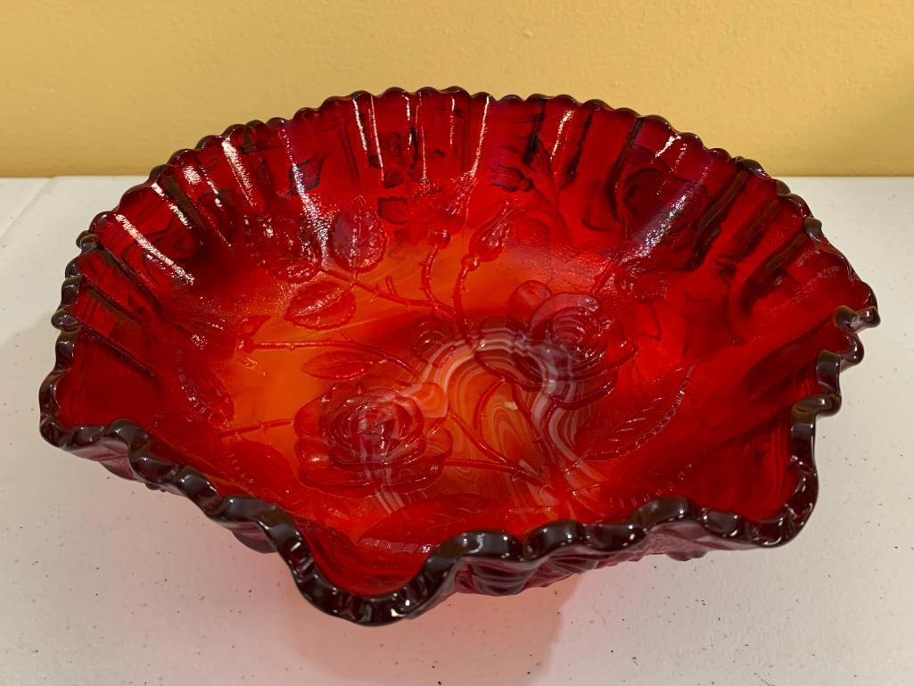 Vintage Imperial Glass Bowl W/Embossed Roses In Red Slag Glass