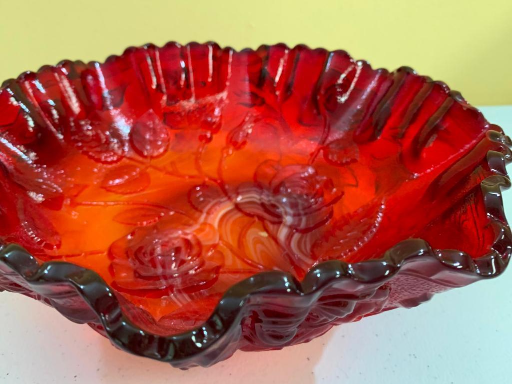 Vintage Imperial Glass Bowl W/Embossed Roses In Red Slag Glass