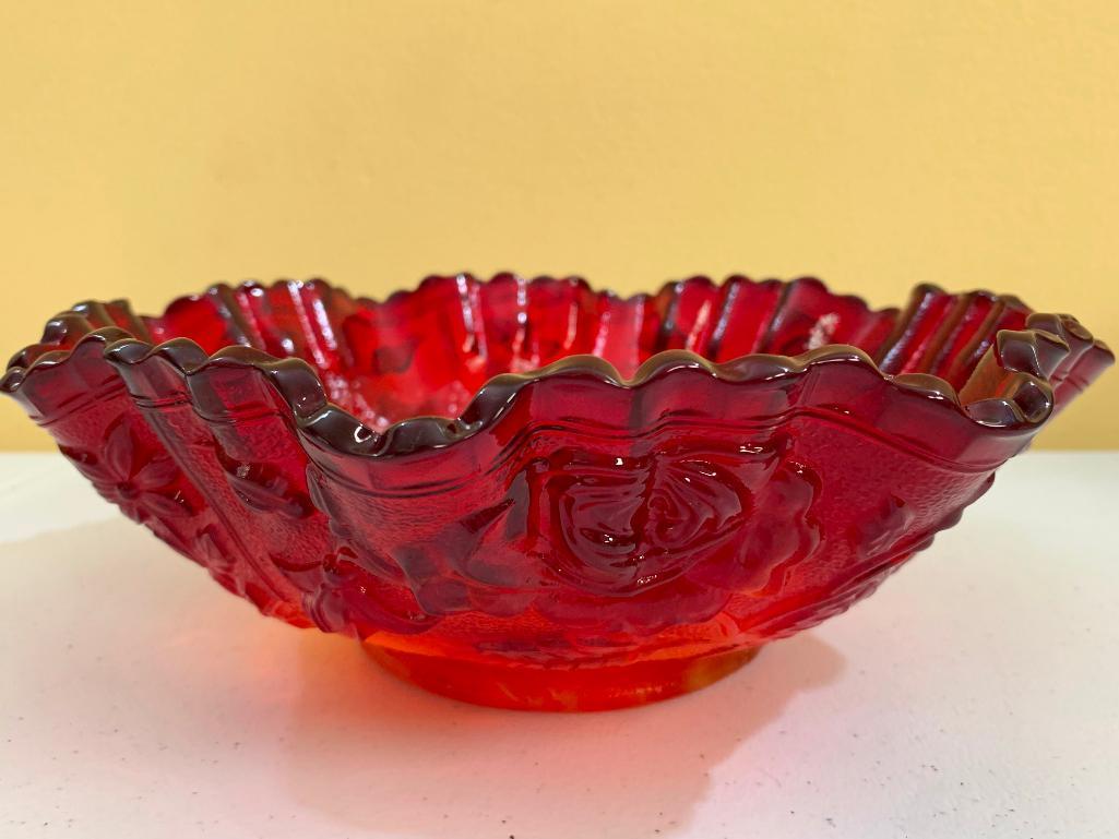 Vintage Imperial Glass Bowl W/Embossed Roses In Red Slag Glass