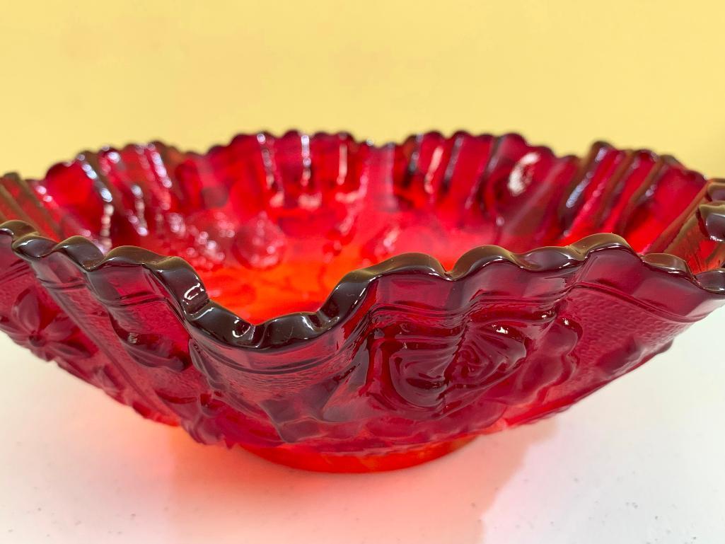 Vintage Imperial Glass Bowl W/Embossed Roses In Red Slag Glass