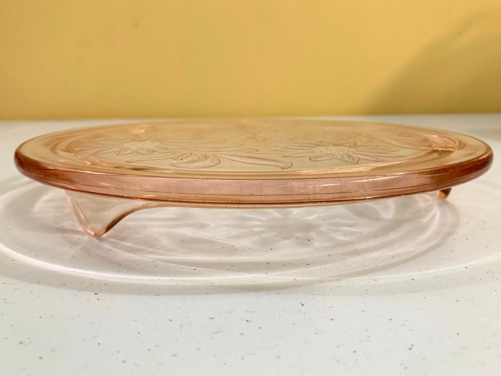 Vintage Pink Depression Glass Low Cake Plate In "Sunflower" Pattern