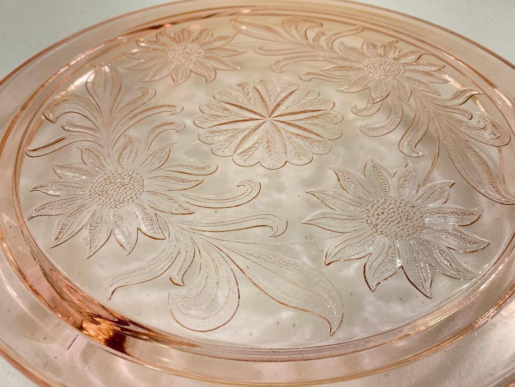 Vintage Pink Depression Glass Low Cake Plate In "Sunflower" Pattern