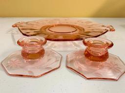 Vintage Etched Pink Depression Serving Tray & (2) Candleholders