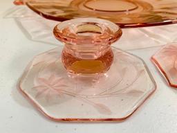 Vintage Etched Pink Depression Serving Tray & (2) Candleholders